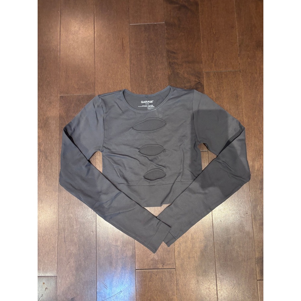 Garage Womens Dark Grey Ribbed Long Sleeve Cutout Front Crop Top Size XS/S